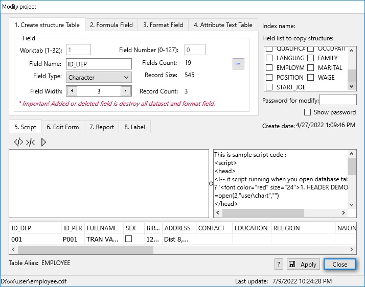 create/modify structure employee data table