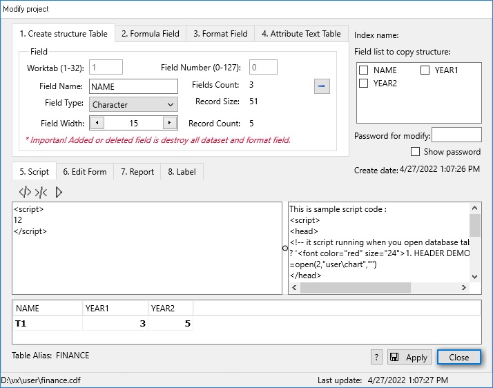 create/modify structure finace data table