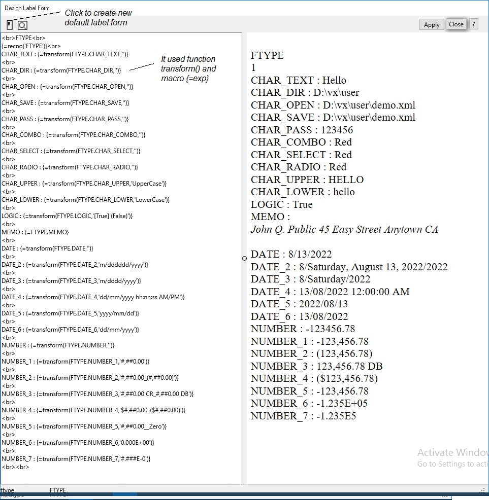field type label preview