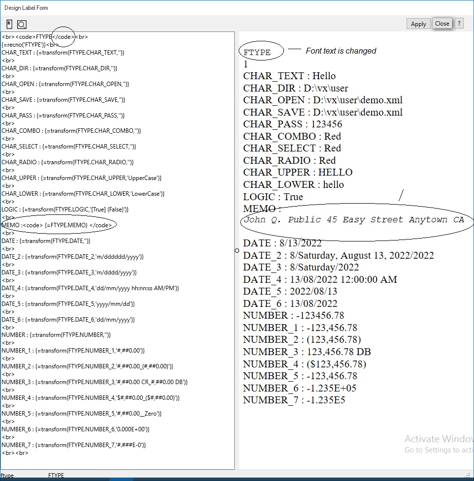 field type code label preview