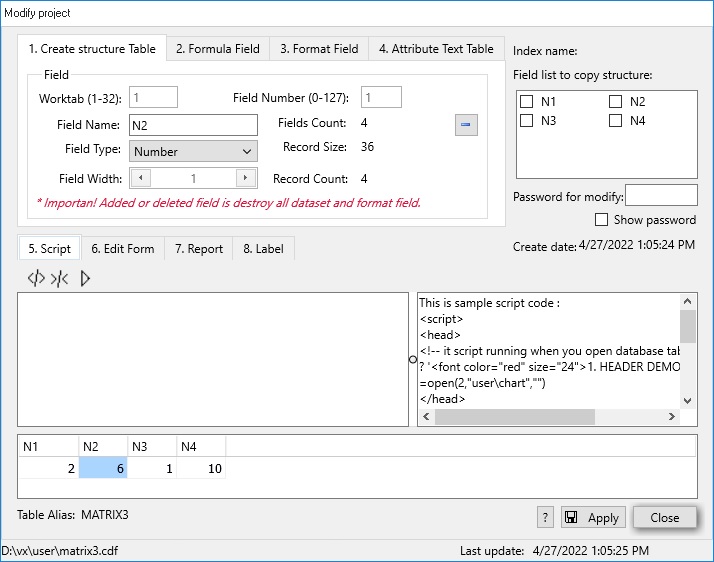 create/modify structure matrix 3d data table