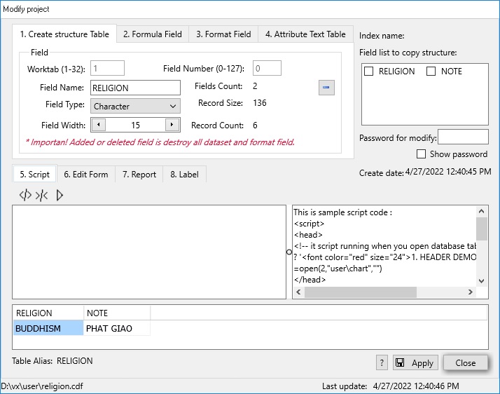 create/modify structure religion data table