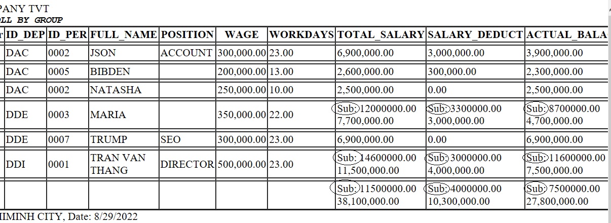 report payroll total by group on 1 field