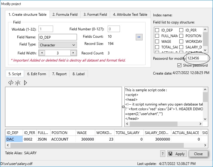 create/modify structure salary data table